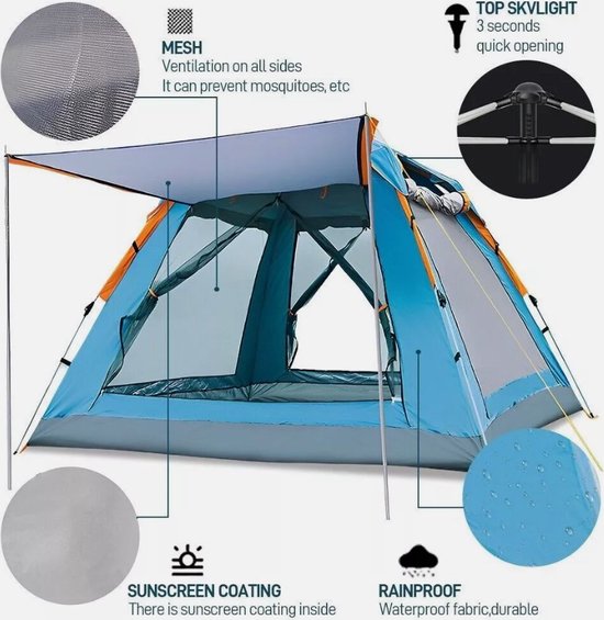Automatische Pop-up Campingtent voor 2-3 Personen - Waterdicht en Winddicht - Inclusief Grote Draagtas - Ideaal voor Gezinscamping en Buitenactiviteiten van Merkloos — afbeelding 2
