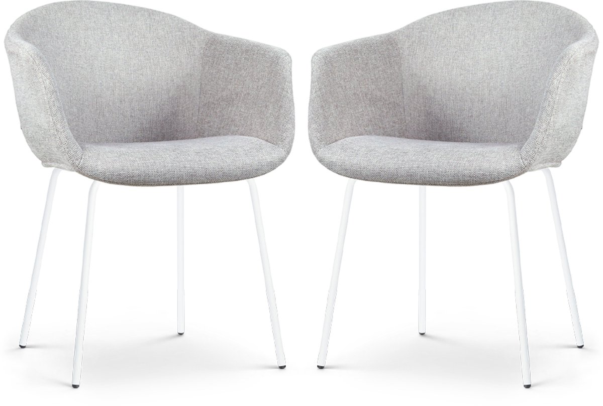 Nolon Nora-Otis Eetkamerstoelen Set van 2 Lichtgrijs - met Armleuning - Stof - Witte Poten Grijs - Wit onderstel