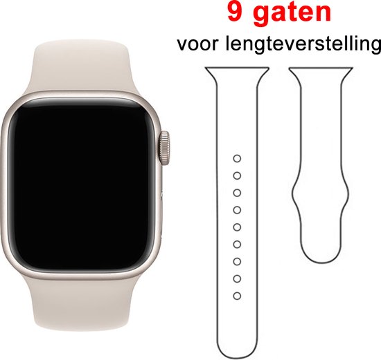 Lichtbeige siliconen bandje om een smartwatch, met illustraties van bandjes met 9 gaten voor verstelling.