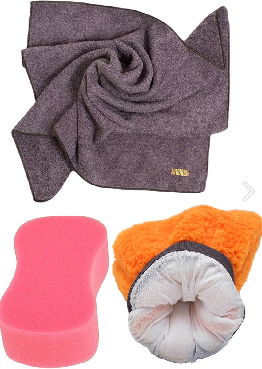 Goedkoopste AutoFresh- Auto Wassen- Auto Afdrogen Voertuig Glasreiniging 3-delige - Dikke Microfiber Doek 50x70 cm- Autowas spons - Handschoen Set