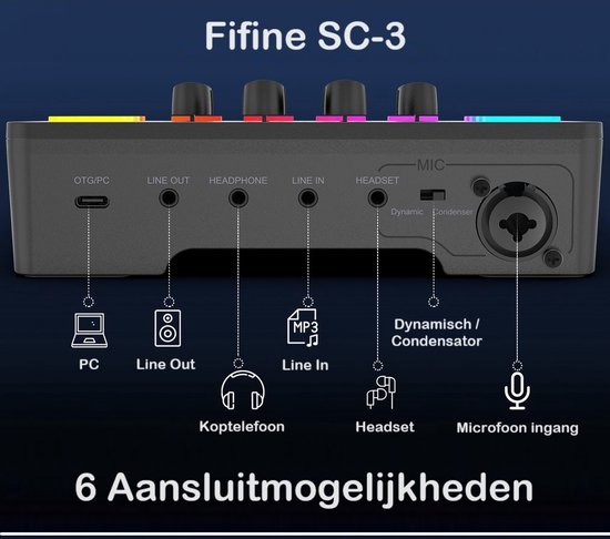 Fifine SC-3 mixer met 6 aansluitmogelijkheden: PC, Line Out, Koptelefoon, Line In, Headset, Microfoon.
