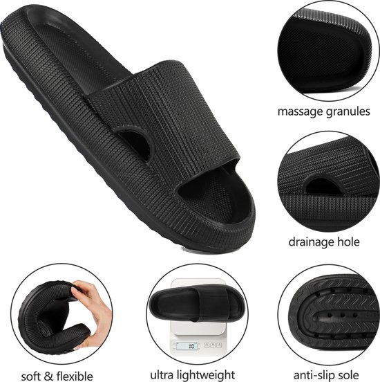 Zwarte badslippers met massagedemping, drainagegaatjes en antislipzool.