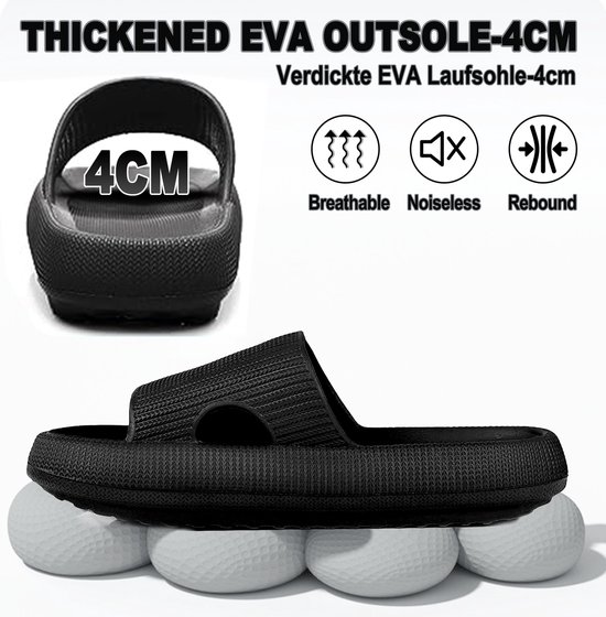 Zwarte badslippers met een verdikte 4 cm EVA-zool, ademend, geluidsloos en veerkrachtig.