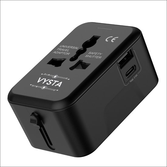 Vysta® Universele Wereldstekker - 150+ landen - USB-C & USB-A Poort - Reisstekker Wereld: Amerika (USA), Engeland (UK), Australië, Zuid Amerika, Afrika, Italië, Thailand - Zwart