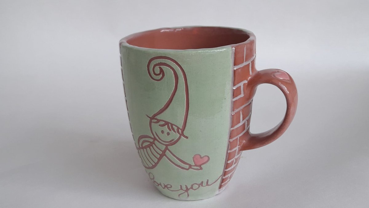 Koffie theekop mok beker 230ml geel en rood moderne mok met patroon ander design thee koffiekop servies aardewerk keramiek handgemaakt handgeschilderd vaderdagcadeau verjaardagscadeau