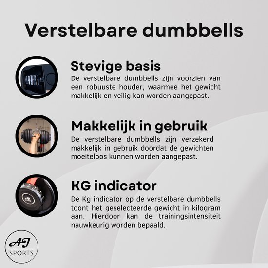 AJ-Sports Verstelbare Dumbell 24 KG - 2kg t/m 24kg - Dumbells set - Gewichten set - Halterset - Fitness gewichten - Krachttraining - Fitness - Gym - Sport - 15 Dumbells in één! - Let op PER STUK = 1 Dumbbell!