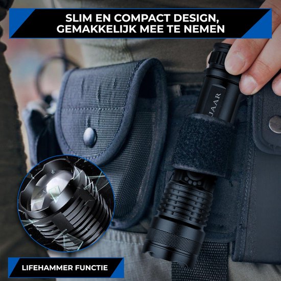 Een Besjaar zaklamp in een riemholster, met een close-up van de kop van de zaklamp. "Lifehammer functie".