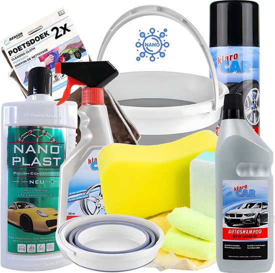 De snuffelaar® - Car Cleaning Set Pro - Auto Schoonmaak Set - Pro - 11 Delig - Auto poets set - Autosponzen - Auto wax - Nano plast car polish