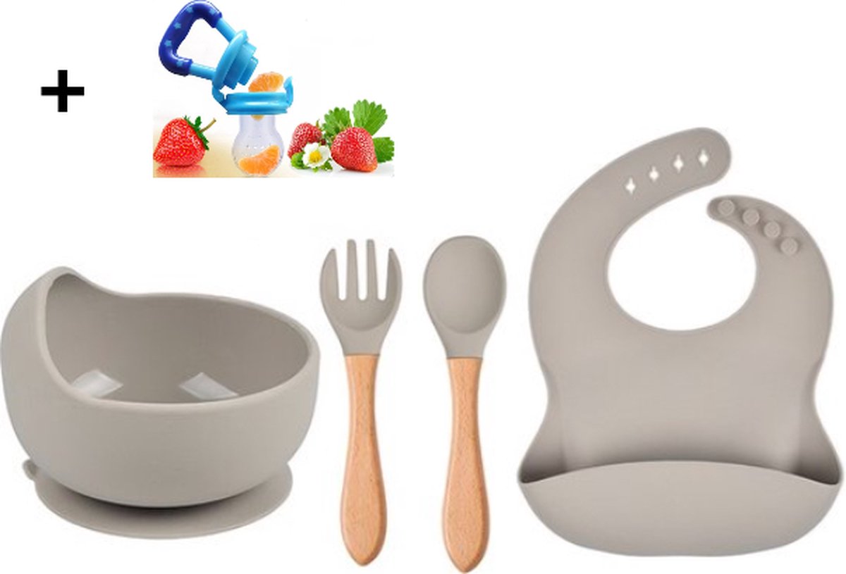 Goedkoopste Baby Servies Set - slabber en Kom met Zuignap en bestek - Kinderservies, Babybord, Kinderbestek - 100 Siliconen - Oven-, Vriezer-, Magnetron- en Vaatwasserbestendig - Grijs babyfruitspeen - bijtring