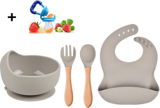 Baby Servies Set - slabber en Kom met Zuignap en bestek - Kinderservies, Babybord, Kinderbestek - 100% Siliconen - Oven-, Vriezer-, Magnetron- en Vaatwasserbestendig - Grijs + babyfruitspeen - bijtring