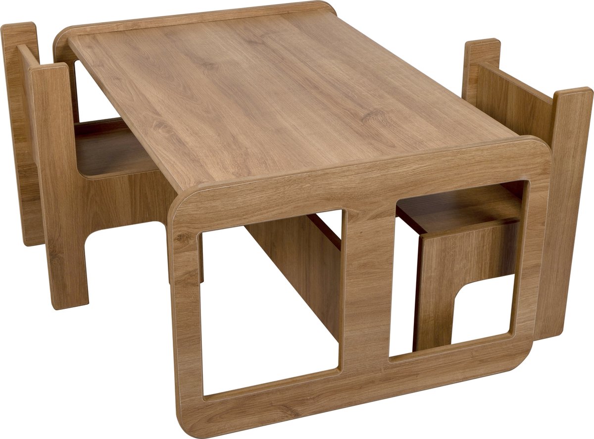 Industrial Living kinderbureau - Kindertafel met 2 kinderstoelen - Activiteitentafel - Peutertafel - Tekentafel - Speeltafel - Hout - Walnoot