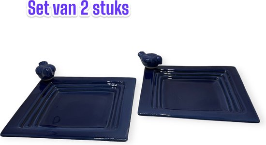 Best For Birds - Vogelbad - set van 2 stuks - Keramiek - Buitenvogel - blauw - vierkant 24cm