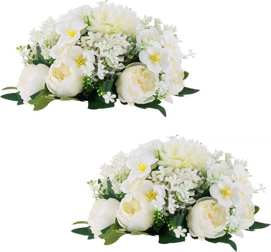 Trouwbloemen voor centerpieces bloem bal - 2 stuks witte kunstmatige middelpunten, bloem, kleine pioenrozen ballen voor middenstuk, nepbloemballen, arrangement boeket voor feest, jubileum - Wit