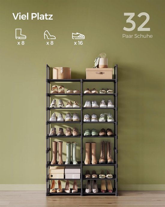 Signature Home Schoenenrek verstelbaar - schoenenstandaard met 8 niveaus - opbergrek - stalen buizen - vliesstof - voor maximaal 32 paar schoenen - ruimtebesparend - inktzwart