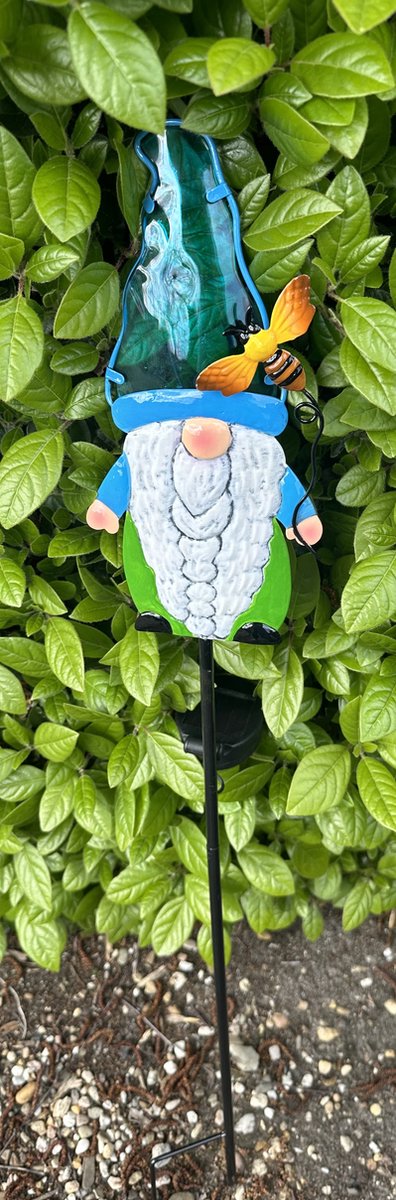 Impuls Metaal + glazen solarlamp op tuinsteker Kabouter met bij meerkleurig tuinsteker hoogte 82 x 15 x 2 cm Tuindecoratie Tuinverlichting