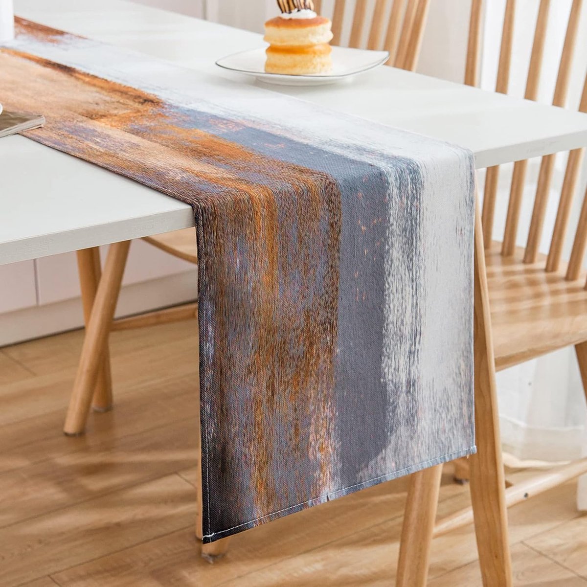 Tafelloper lente oranje en grijs linnen 33 x 180 cm modern olieverfschilderij abstracte kunst tafelloper decoratieve doek voor huisdecoratie, kamerdecoratie, lente zomer feestdecoratie, Pasen,