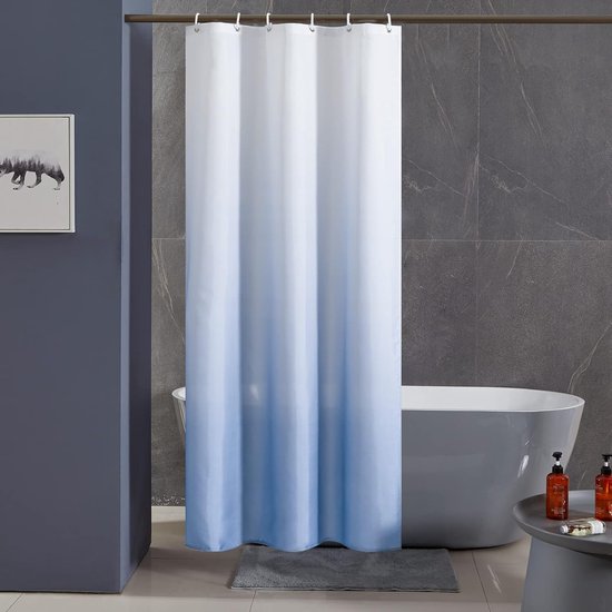 Douchegordijn, 100 x 200 cm, schimmelwerend, waterdicht en wasbaar, badgordijn voor badkuip en douche, textiel van stof, wit naar lichtblauw, met 6 douchegordijnringen.