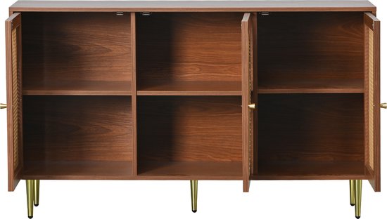 Sweiko Kast met 3 rotan decoratieve deuren, vijf emmerkast met metalen handvatten, geschikt voor slaapkamers, woonkamer, kantoren, walnoothout 129.8x40x76cm