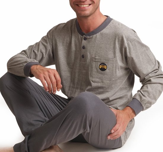 Outfitter - Heren Pyjama - Grijs Gestreept - katoen - Maat S