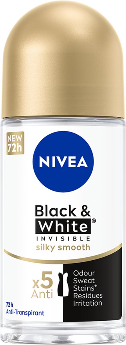 NIVEA Black & White Silky Smooth Deodorant Roller - Voor na het scheren - Geen witte of gele strepen - 48 uur bescherming - 6 x 50 ml - Voordeelverpakking - NIVEA