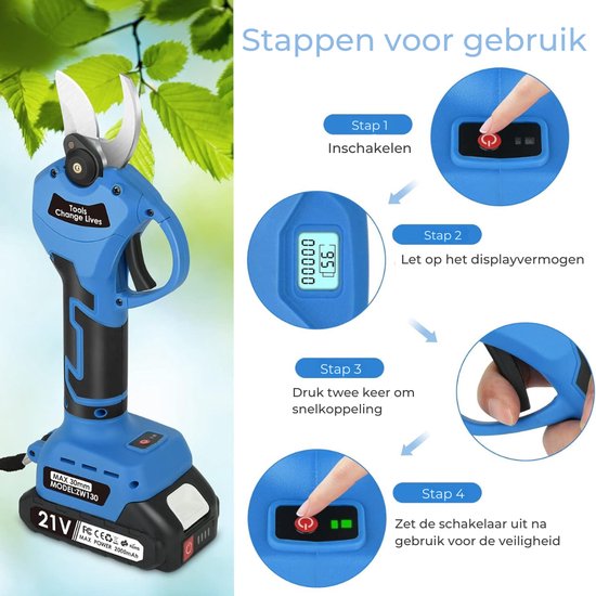 ALLGoods. Professionele Elektrische Snoeischaar - Takkenschaar 30mm - Electrische Snoeischaar met Accu 2x - Snoeischaren Set - Heggenschaar met 2 Batterijen - Tuinschaar met LED-Scherm - 500% Efficiënter - Blauw van ALLGoods — afbeelding 3