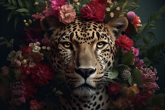 Glasschilderij 120x800x0.4 Leopard with flowers