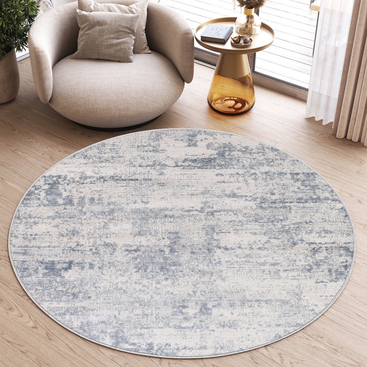 Tapiso Sky Rond Vloerkleed Hoogpolig Grijs Slaapkamer Tapijt Maat- 120x120 Grijs Vintage