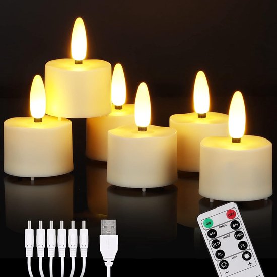Oplaadbare Theelichtjes met Flikkerende Vlam - Vlamloos - Warm Wit Licht - Set van 6 - Herbruikbaar - Sfeervolle Verlichting