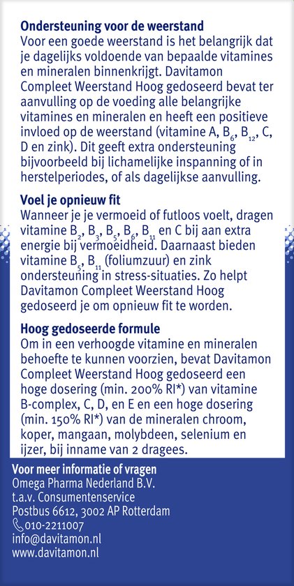 Gedetailleerde informatie over Davitamon Compleet Weerstand hoog gedoseerd.