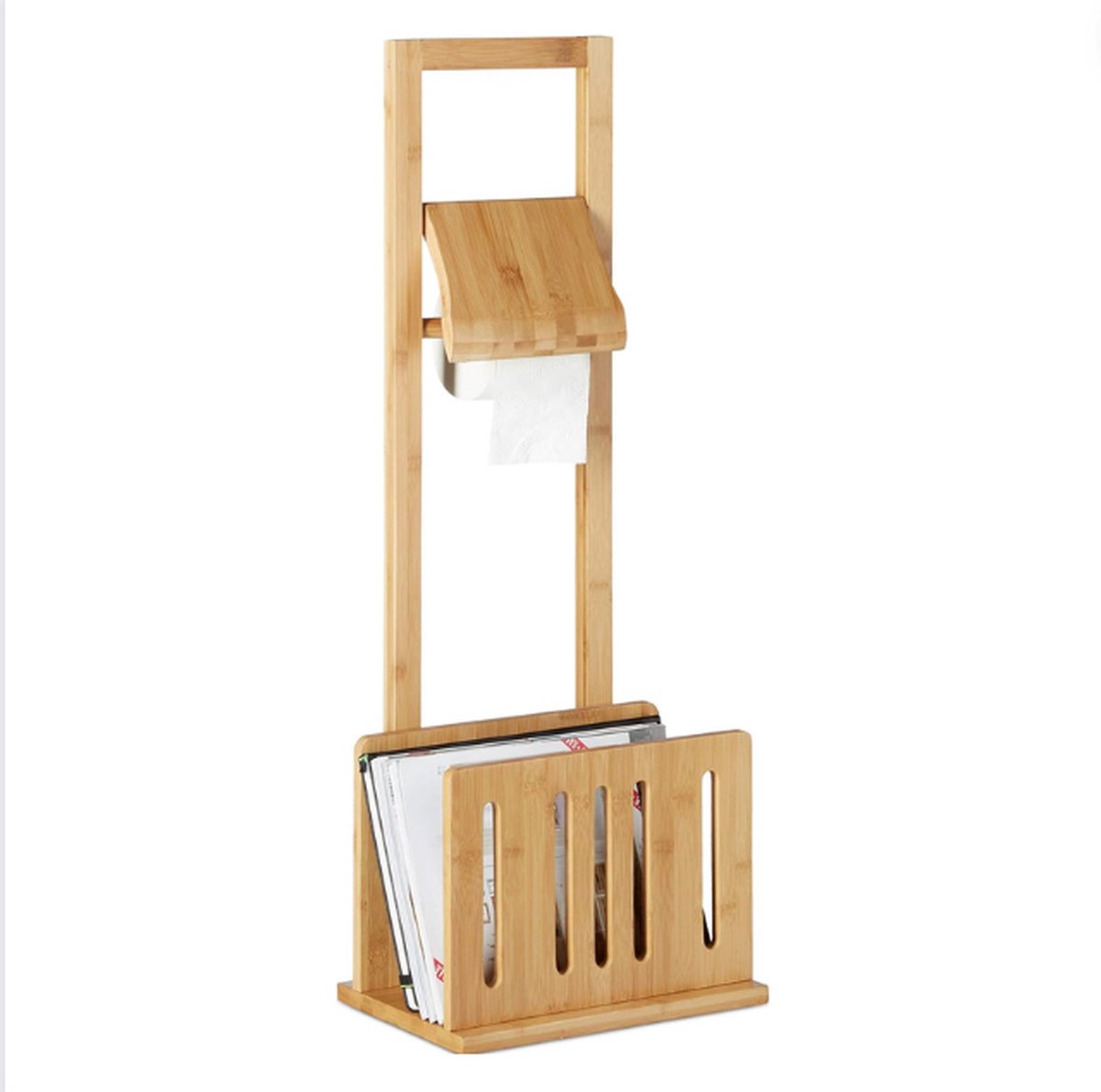 Toiletkastje Staand - Wc Kastje Staand Bamboe - Praktische Combinatie Toiletrolhouder en Tijdschriftenrek - Staand Toilet Accessoire Set