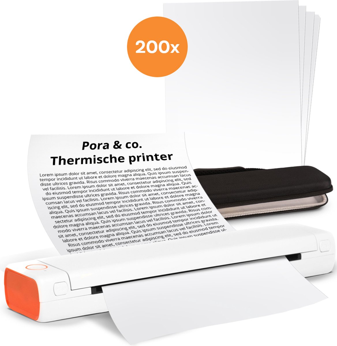Pora&Co - Thermal Printer - Portable Printer A4 - Draagbare Printer A4 - Incl. 200 Vellen + Draagtas - Afdrukken met Telefoon of Computer - Thermische Printer - Wit/Oranje