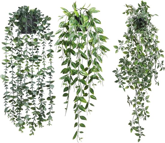 3 STKS Kunstmatige Hangplanten, Planten Ingemaakte Nep Klimop Wijnstok Eucalyptus Wijnstokken Groen Planten voor Muur Huis Kamer Binnen Buiten Decoratie