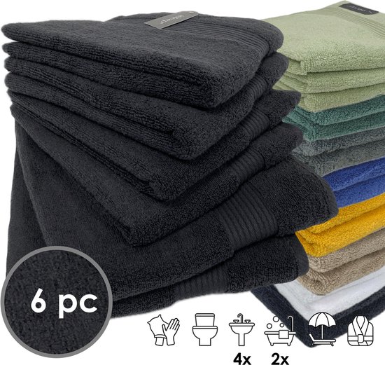 iSleep Terry Badtextiel - Voordeelset (6 delig) - 4x Handdoek 60x110 cm - 2x Badlaken 70x140 cm - Zwart