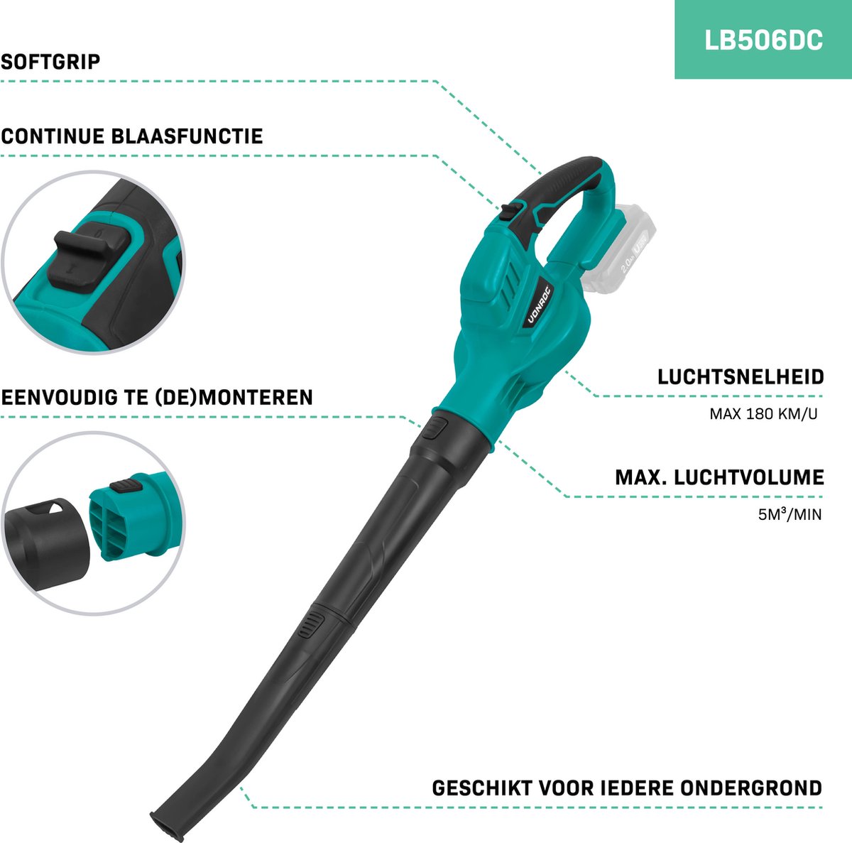 VONROC Accu Bladblazer 20V – Luchtsnelheid 180 km/u – Luchtvolume 5m3/min – Zonder accu en snellader – foto 2