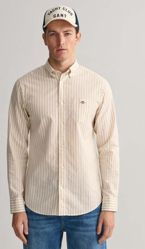 Gant - Overhemd Beige Reg Cotton Lange Mouw Overhemd Beige Reg Cotton Linen Stripe