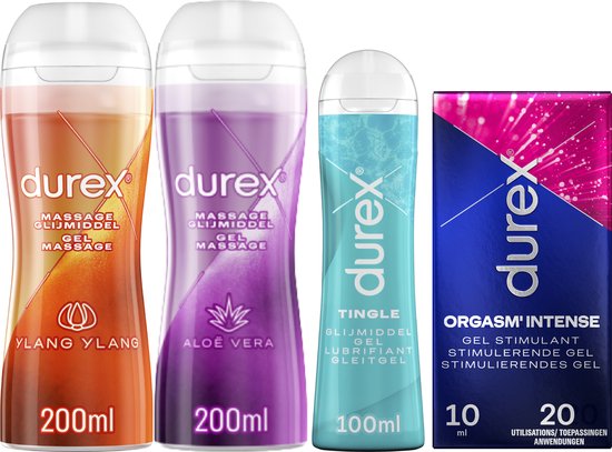 Durex - 3 Glijmiddelen en 1 Stimulerende gel - Voor Masturbation - Waterbasis – Massage 2in1 Ylang Ylang 200ml - Massage 2in1 Aloe Vera 200ml – Tingle 100ml - Orgasm Intense Stimulerende Glijmiddel 10ml - Voordeelverpakking