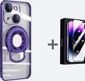 Hoesje geschikt voor iPhone 15 Magsafe Hoes Transparant--Iphone 15 screenprotector -Extra Camera Bescherming- IPhone 15 Magsafe Case - Magnetisch Magsafe Hoesje- Hoesje Met Standaard - Paars