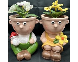 Pots de fleurs décoratifs "Garçon et Fille" en polyrésine - Set de 2 - champignon & fleur - multicolore - hauteur 17x15xdia 10 cm - hors plantes - Accessoires de maison - Accessoires de jardin - Décorations de jardin