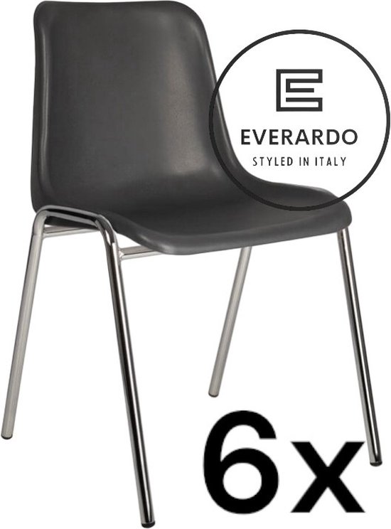 King of Chairs -set van 6- model KoC Everardo antraciet met verchroomd onderstel. Kantinestoel stapelstoel kuipstoel vergaderstoel tuinstoel kantine stoel stapel kantinestoelen stapelstoelen kuipstoelen stapelbare keukenstoel Helene eetkamerstoel
