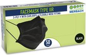 Merbach mondmasker zwart 3-lgs IIR oorlus- 50 x 50 stuks voordeelverpakking