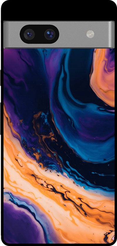 Google Pixel 7 Pro telefoonhoesje met abstracte marmerprint in paars, blauw, oranje en goud.