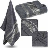 Grijze Katoenen Handdoek met Decoratief Borduursel, Badhanddoek, Egyptisch Patroon 70x135 cm