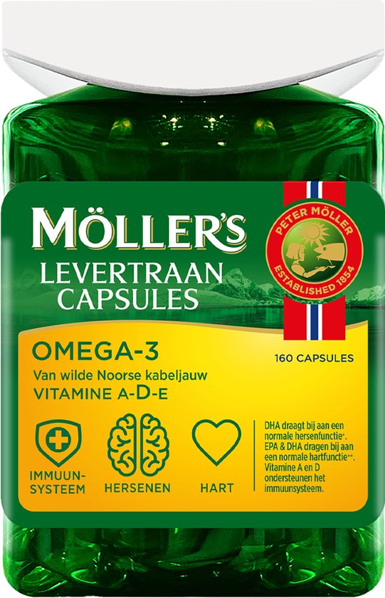 Möller’s Omega-3 Levertraan - 2 x 160 capsules - Omega-3 capsules met vitamine D – Levertraancapsules – Levertraan met vanillesmaak