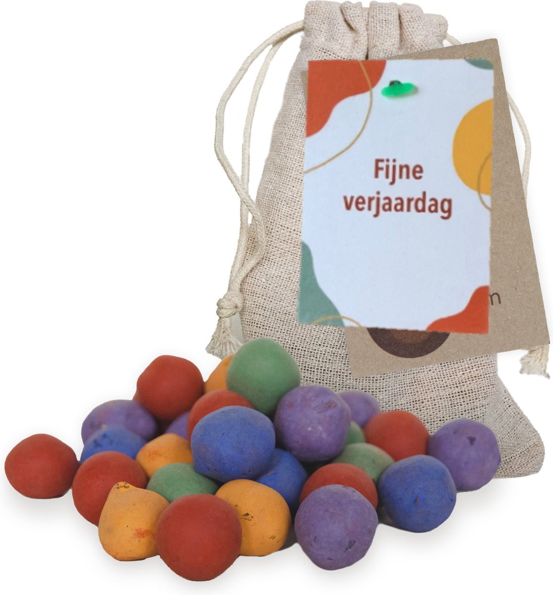 Kaartje Fijne Verjaardag met 15 Kleurrijke Zaadbommen in Jute Zakje - Zaadbom.com