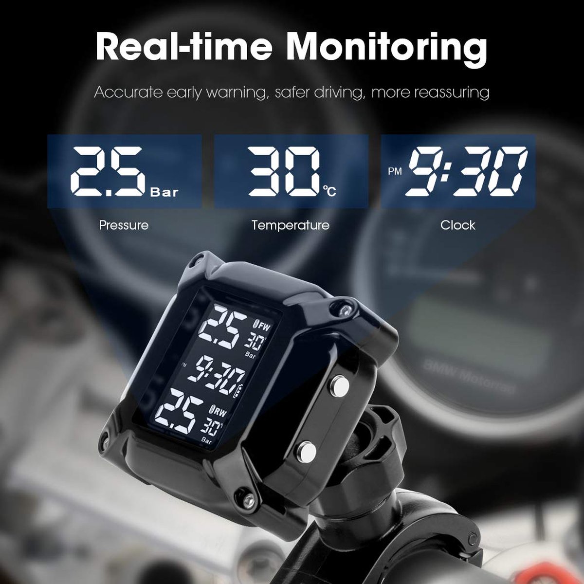 Jansite TPMS Moto Solaire - Système Surveillance Pression Pneus Avec 2 Capteurs Externes Étanches, Alarme, Écran LCD, Charge USB/Solaire