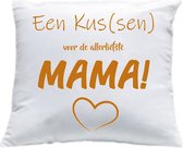 Kussen met vulling Kussenhoes met tekst "Een kus(sen) voor de allerliefste Mama" Met Hartje" bedrukt Cadeau Kado | Wit Effen met tan opdruk | 40x40 cm | Moederdag |