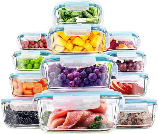 Bayco Glazen voedselopslagcontainers met deksels, [24 stuks] glazen maaltijdbereidingscontainers, luchtdichte glazen bentodozen, BPA-vrij en lekvrij (12 deksels en 12 containers) - blauw
