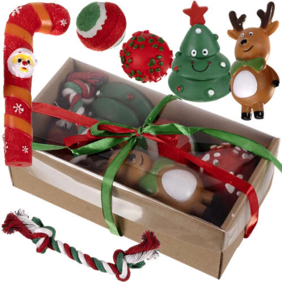 Purlov Kerstgeschenkset voor Honden - 6 Feestelijke Speeltjes - Veilig en Duurzaam
