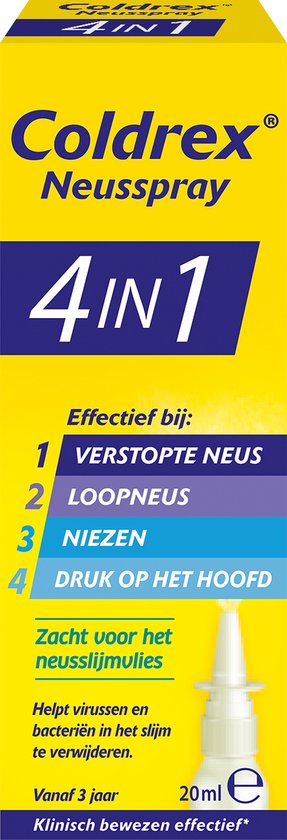 Verpakking van Coldrex Neusspray 4-in-1 met flesje.