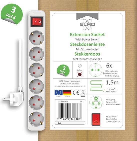 3-pack witte stekkerdoos met 6 geaarde stopcontacten, rode aan/uit schakelaar, kinderbeveiliging en 1,5m kabel.